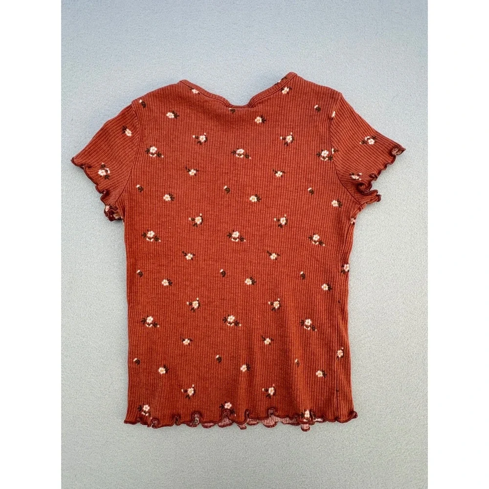 Art Class Girls Rust Orange Floral Ribbed Henley Top Lettuce‎ Trim L 10/12